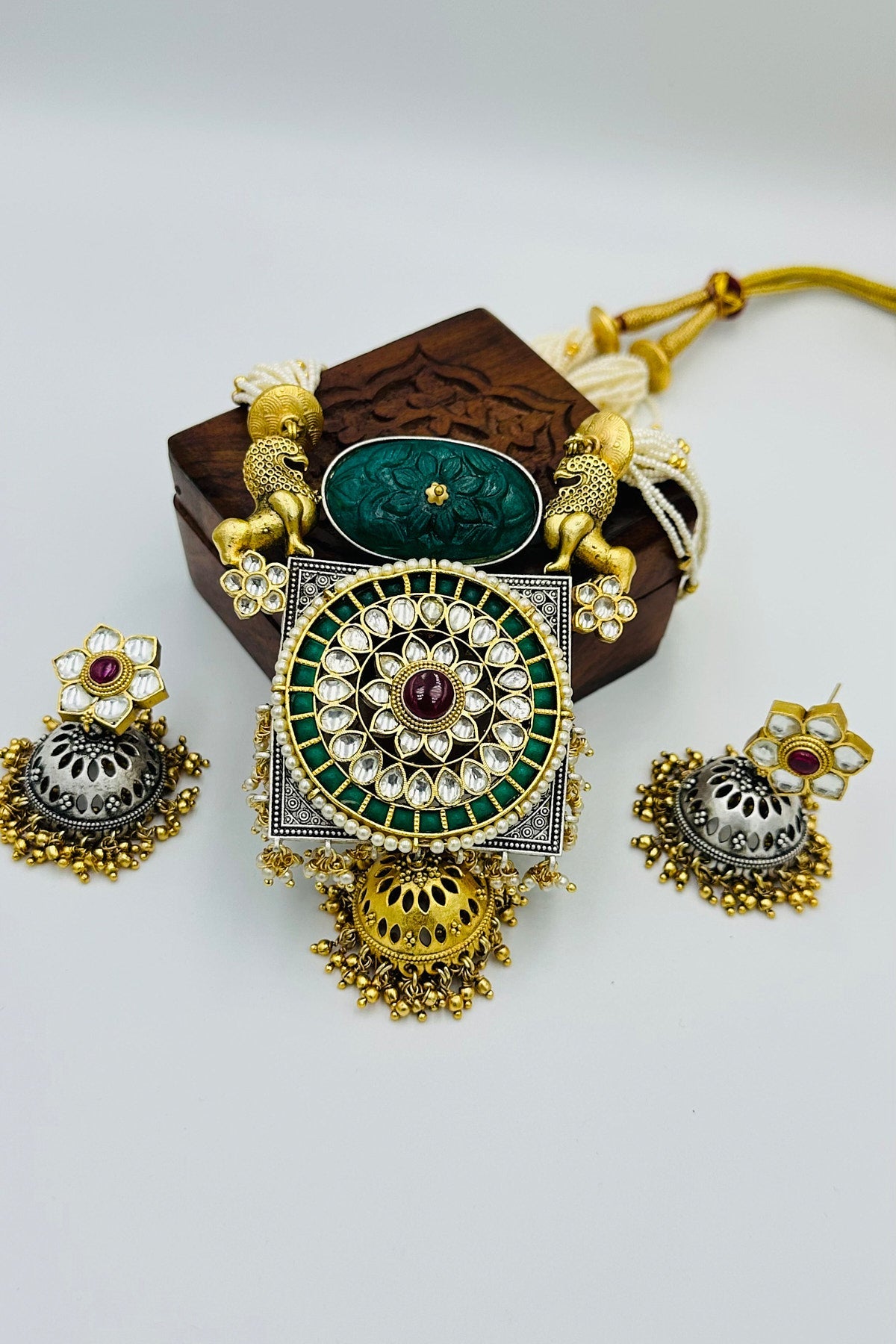 Majestic Vintage Lions and Pearl Strands Oxidised Silver Necklace Set with Jadau Stone and Kundans - swadeshsouq.com