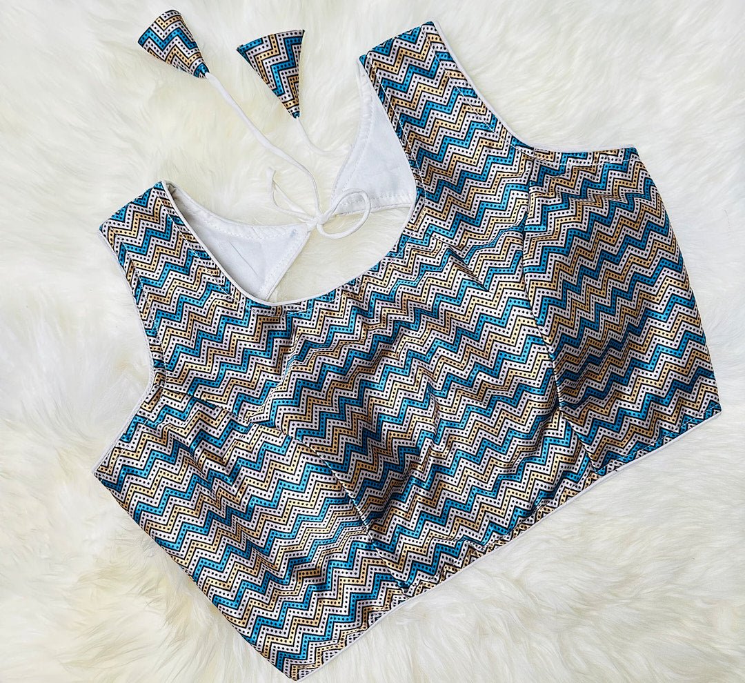 Make a Bold Statement with Our White and Blue Gaaji Ajrak Print Satin Blouse - swadeshsouq.com