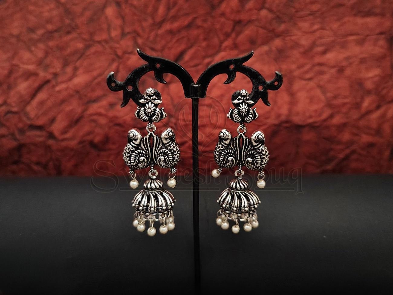 Mandala Design Danglers with Pearl Drops in Oxidised Silver. - swadeshsouq.com