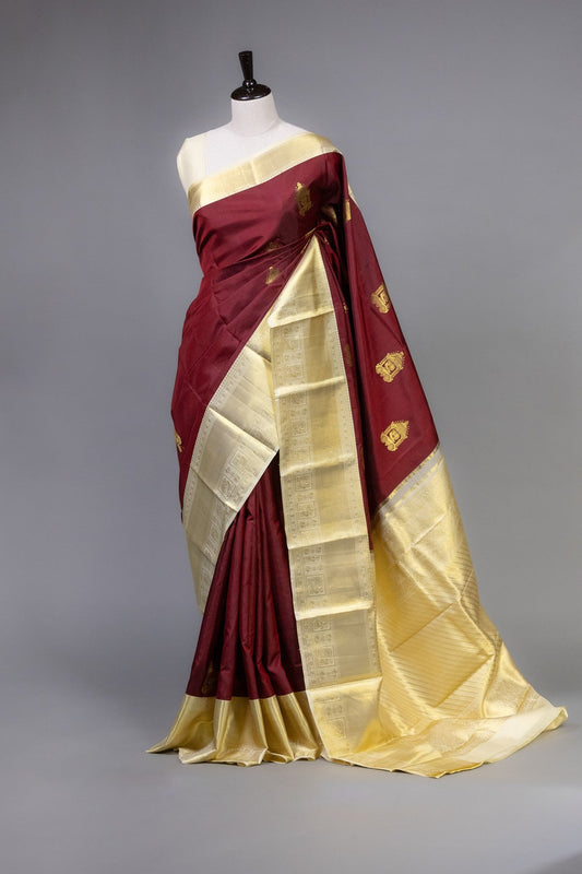 Maroon and Cream Kanjeevaram Silk Saree with Golden Temple Butti - swadeshsouq.com