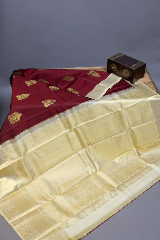 Maroon and Cream Kanjeevaram Silk Saree with Golden Temple Butti - swadeshsouq.com