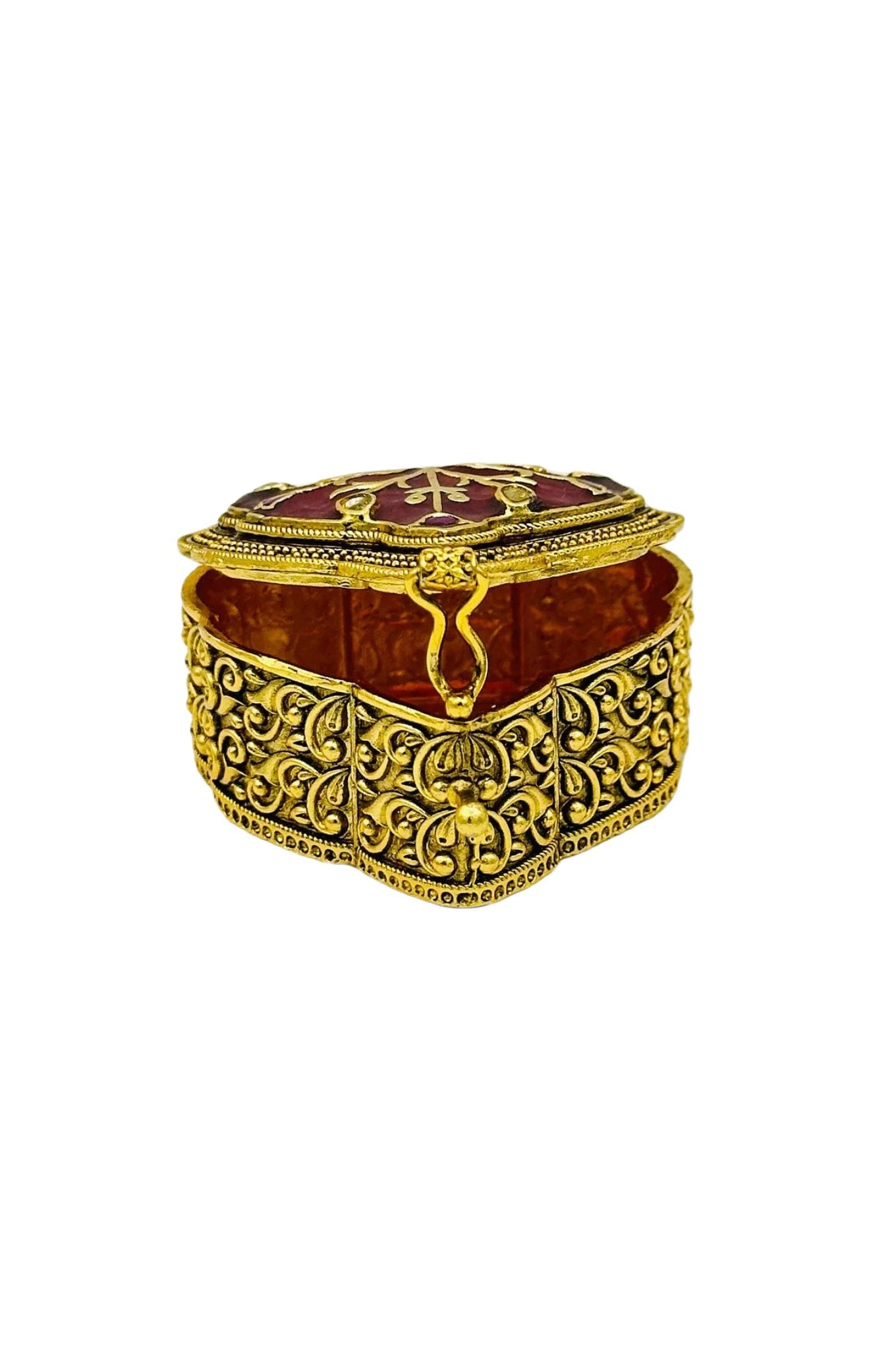 Maroon Jadau Box with Nagas Craftsmanship and Filigree Embellishments - swadeshsouq.com