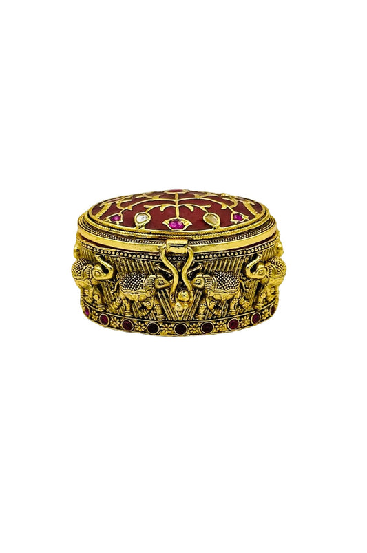 Maroon Jadau Kumkum Box Enhanced with Nagas and Filigree Details - swadeshsouq.com