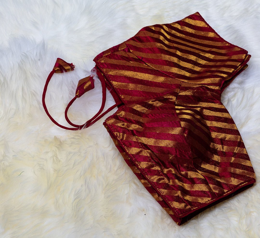 Maroon Semi Silk Blouse with Golden Stripes: A Classic and Elegant Addition to Your Ethnic Wardrobe - swadeshsouq.com