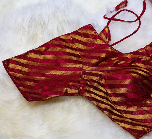 Maroon Semi Silk Blouse with Golden Stripes: A Classic and Elegant Addition to Your Ethnic Wardrobe - swadeshsouq.com