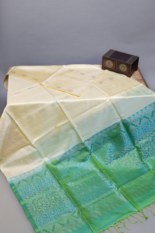 Meadow Serenity: Soft Silk Kanjeevaram Saree in Silk Cream & Meadow - swadeshsouq.com