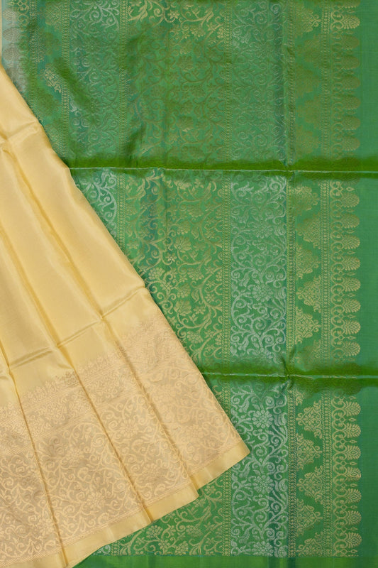 Meadow Serenity: Soft Silk Kanjeevaram Saree in Silk Cream & Meadow - swadeshsouq.com