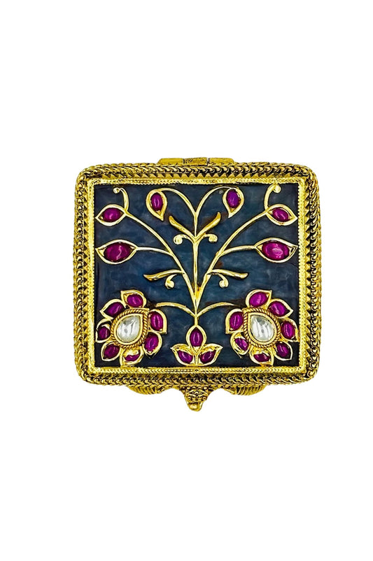 Meenakari Marvel: Brass Keepsake Box Adorned with Jadau Stone - swadeshsouq.com