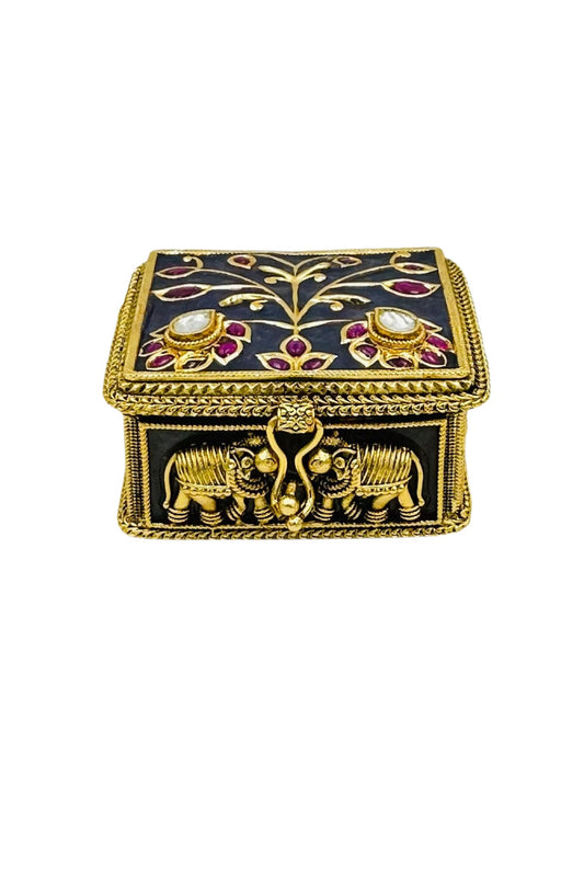 Meenakari Marvel: Brass Keepsake Box Adorned with Jadau Stone - swadeshsouq.com