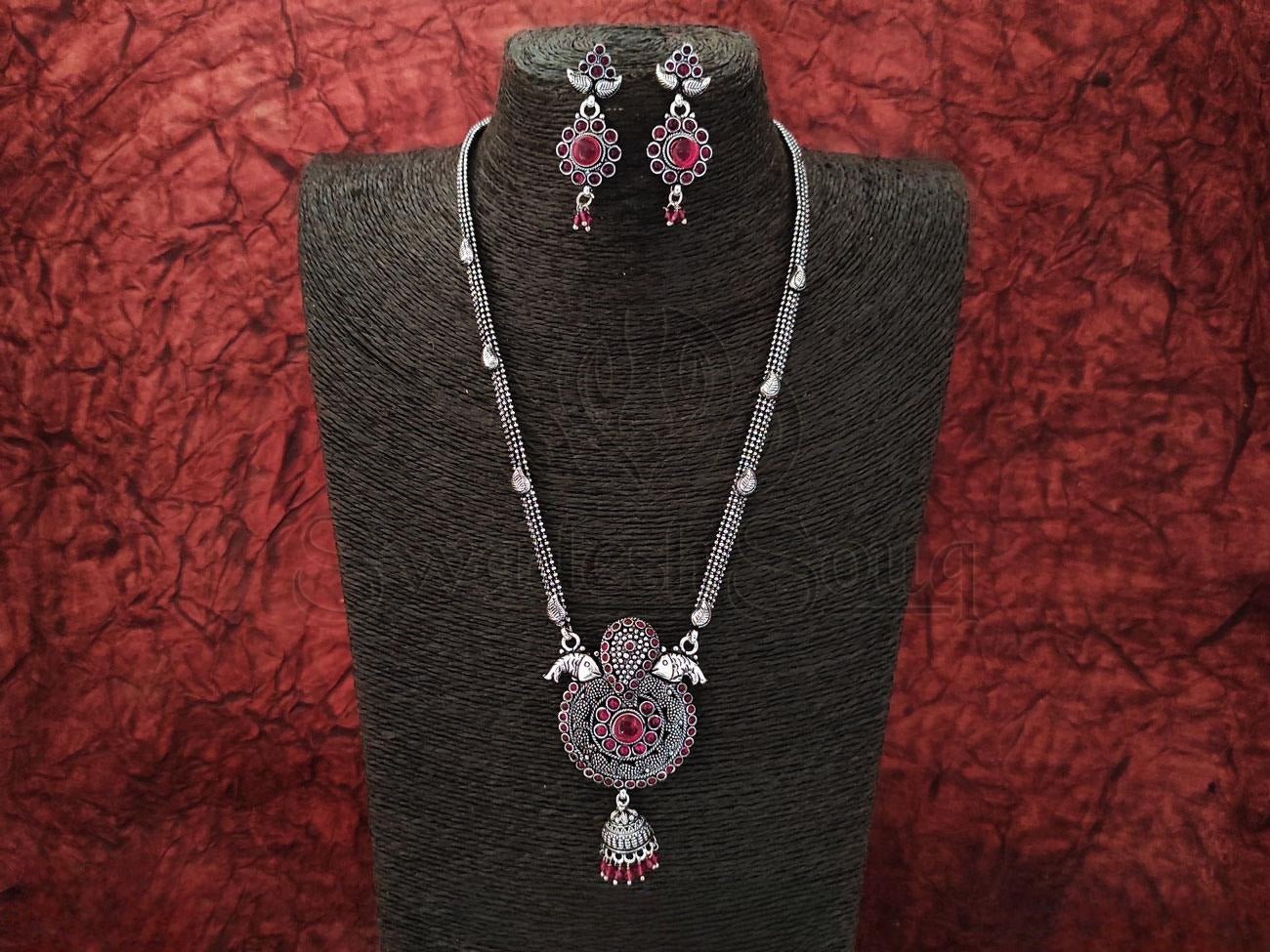 Meenu Marvel: Oxidized Silver Chain and Pendant Set with Ruby Danglers. - swadeshsouq.com