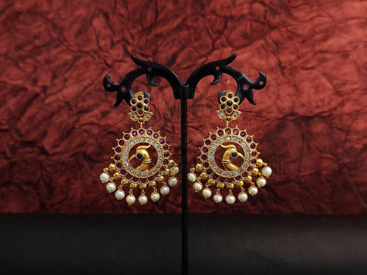 Mesmerizing Peacock Design Danglers with Ruby, Green, and White Stone Embellishments. - swadeshsouq.com