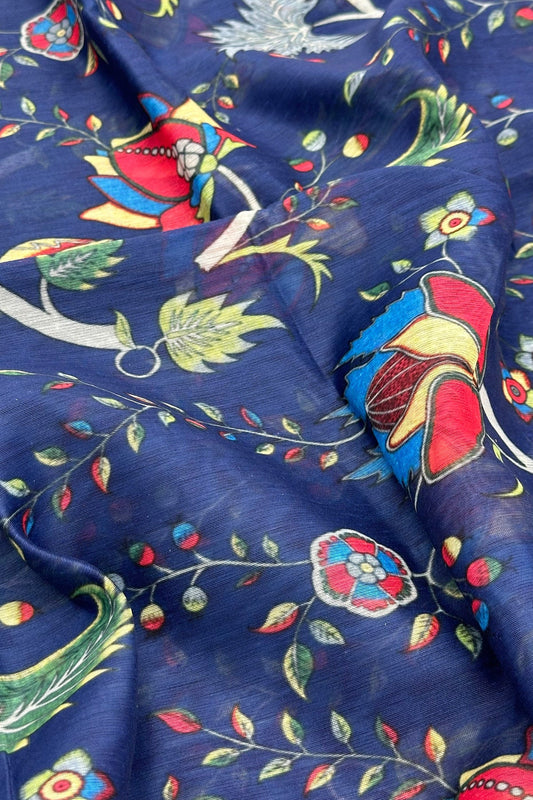 Midnight Bloom: Navy Blue Dupatta with Pink Floral Digital Print - swadeshsouq.com