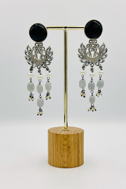 Midnight Elegance: Silver Dangler Earrings with Black Stones - swadeshsouq.com