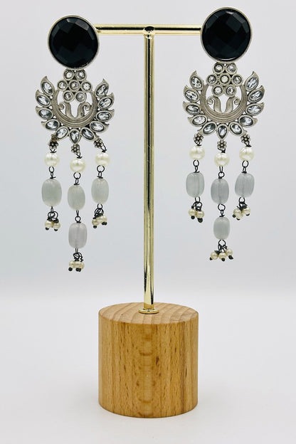 Midnight Elegance: Silver Dangler Earrings with Black Stones - swadeshsouq.com