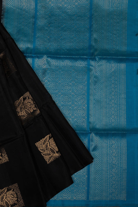 Midnight Magic: Black & Blue Kanjeevaram Silk Saree - swadeshsouq.com