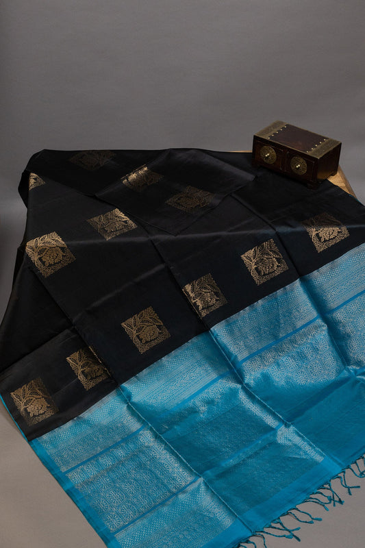 Midnight Magic: Black & Blue Kanjeevaram Silk Saree - swadeshsouq.com