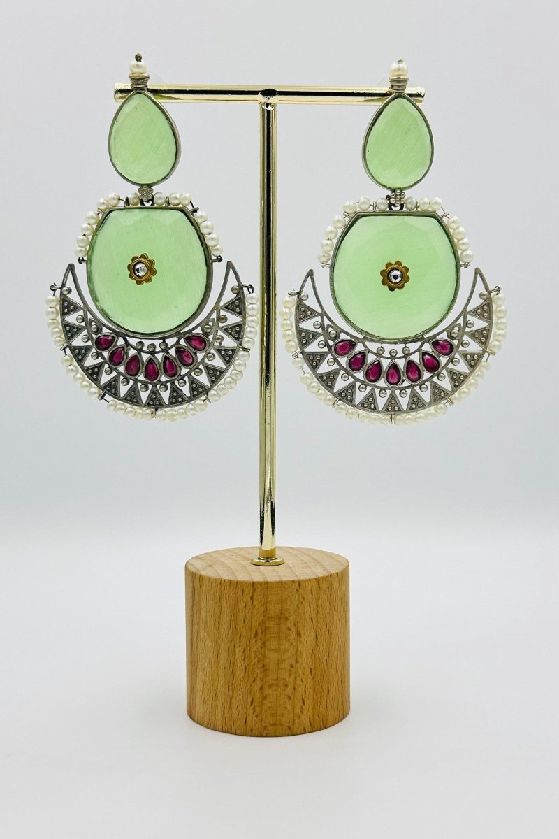 Mint Breeze: Pink and Mint Green Crescent Earrings - swadeshsouq.com