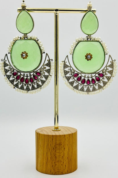 Mint Breeze: Pink and Mint Green Crescent Earrings - swadeshsouq.com