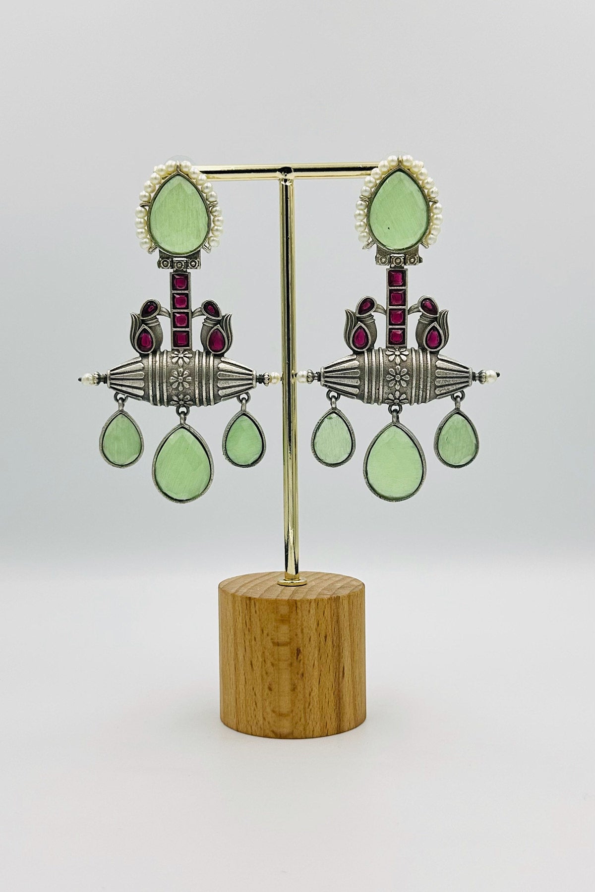 Mint Green Crystal & Pearl Silver Earrings - swadeshsouq.com