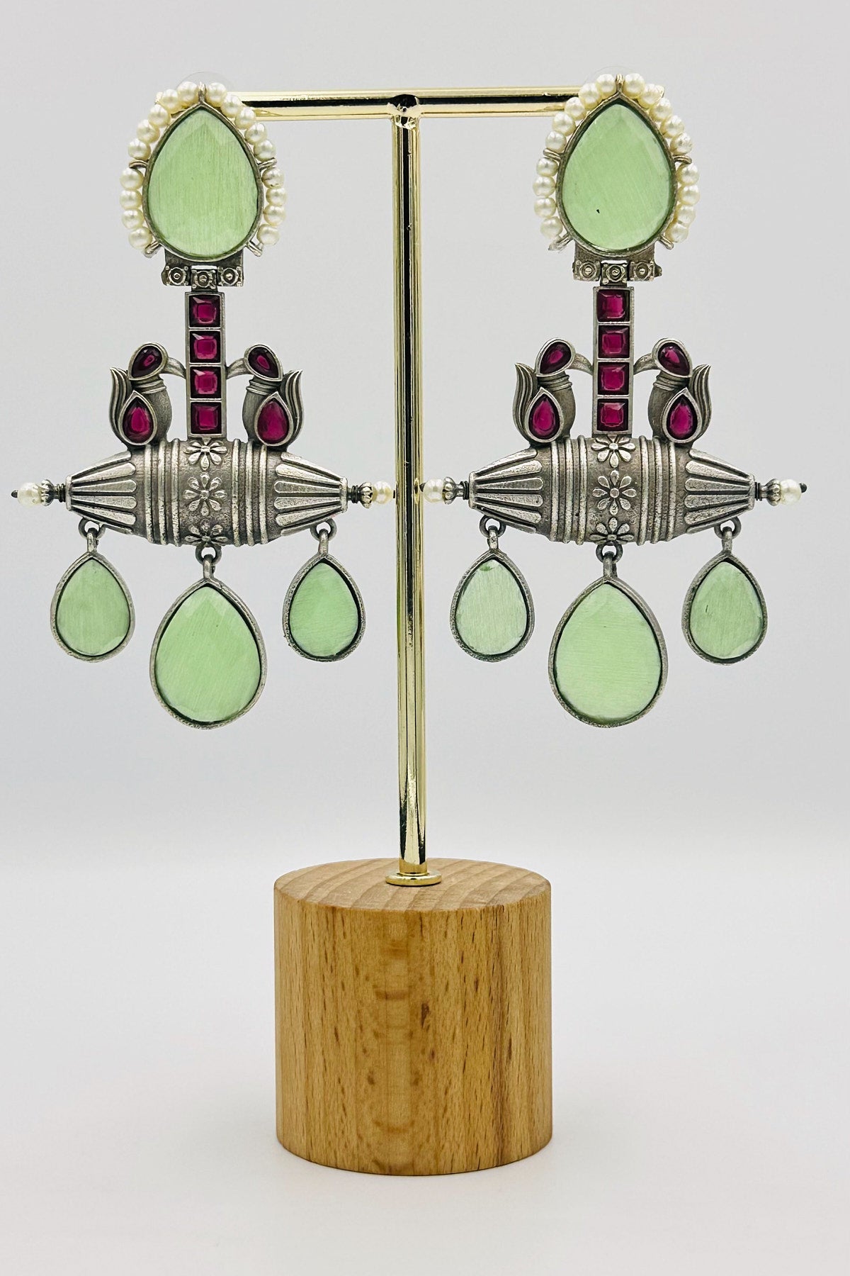 Mint Green Crystal & Pearl Silver Earrings - swadeshsouq.com