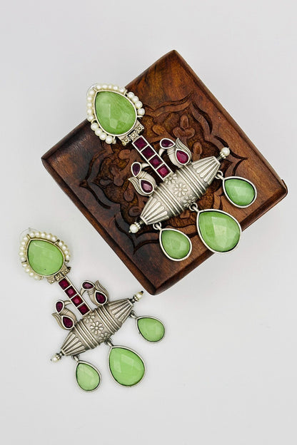 Mint Green Crystal & Pearl Silver Earrings - swadeshsouq.com