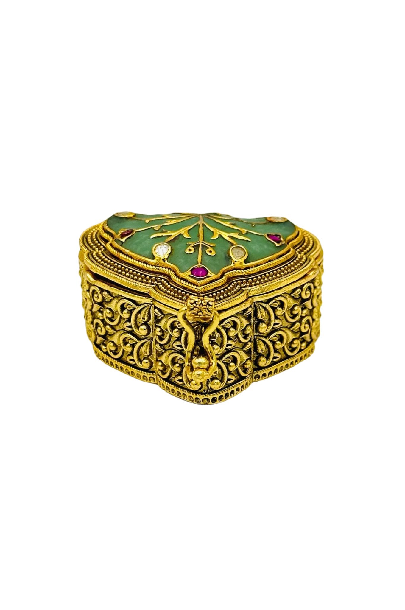 Mint Green Jadau Box with Nagas Craftsmanship and Filigree Details - swadeshsouq.com