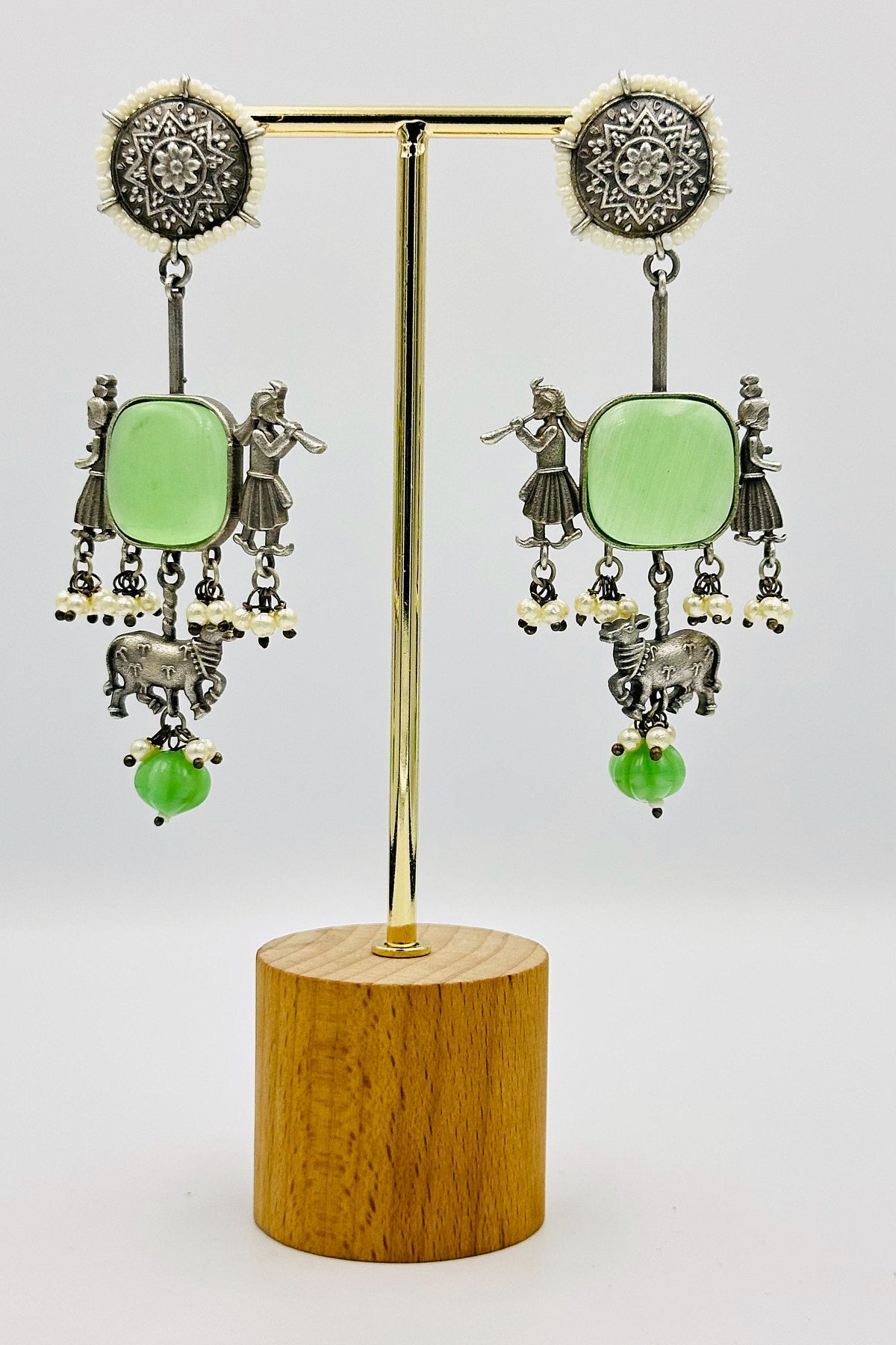 Mint Green Silver Danglers with Artistic Intrigue - swadeshsouq.com