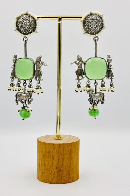 Mint Green Silver Danglers with Artistic Intrigue - swadeshsouq.com