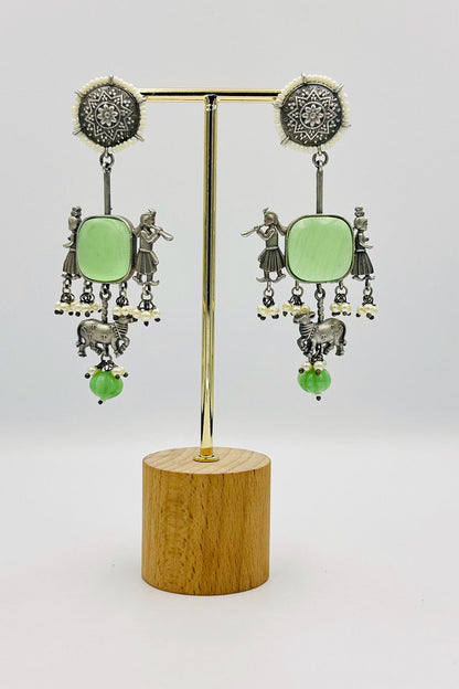 Mint Green Silver Danglers with Artistic Intrigue - swadeshsouq.com