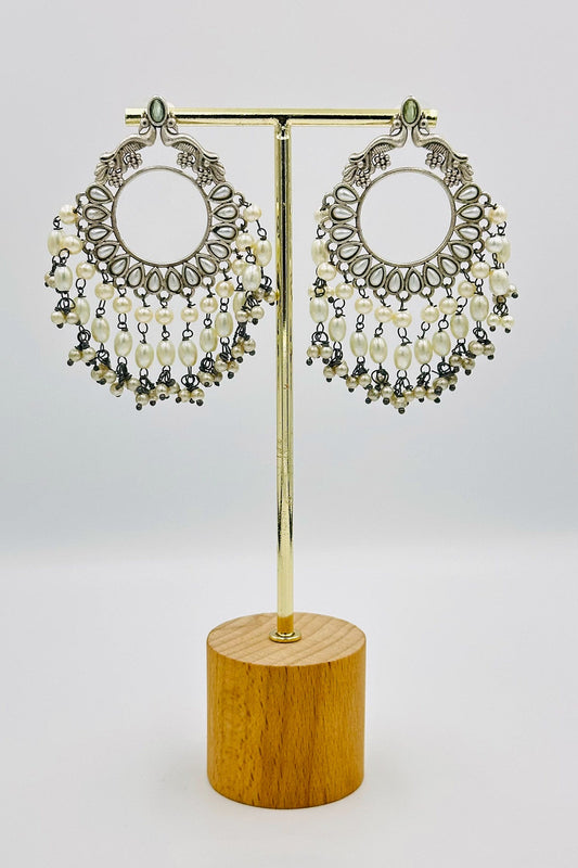 Mint Majesty: Chandbali Earrings with Peacock Design and Pearl Accents - swadeshsouq.com