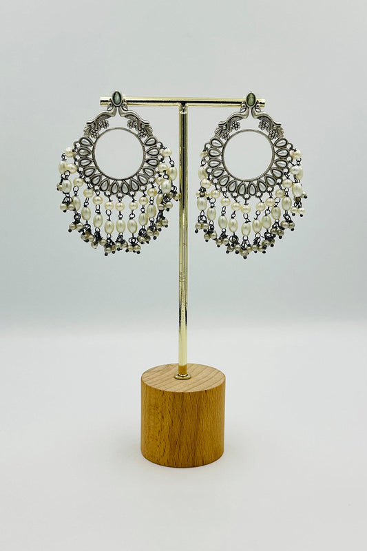 Mint Majesty: Chandbali Earrings with Peacock Design and Pearl Accents - swadeshsouq.com