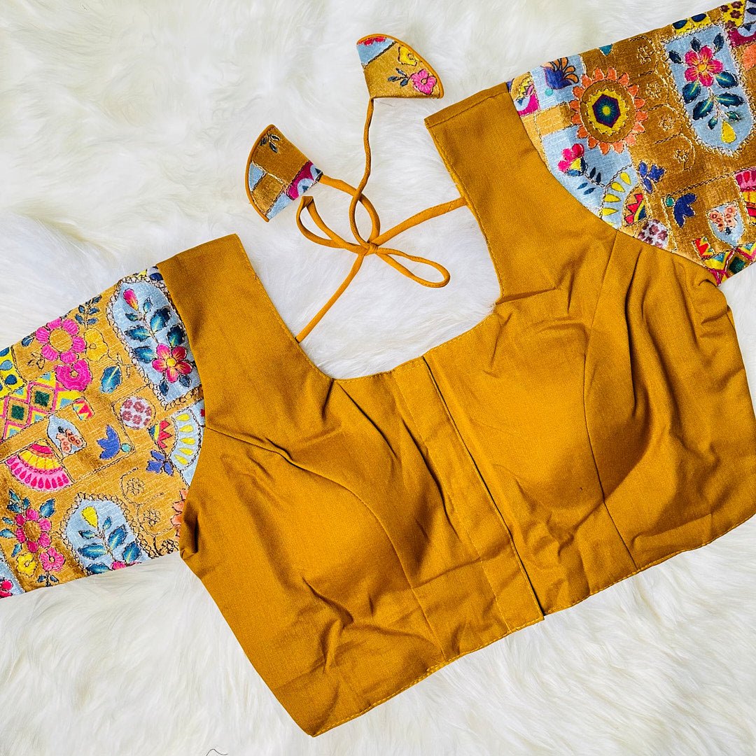 Mustard Yellow Blouse with Contrast Sleeves: A Beautiful Design for Effortless Style. - swadeshsouq.com