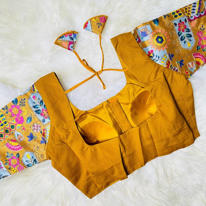 Mustard Yellow Blouse with Contrast Sleeves: A Beautiful Design for Effortless Style. - swadeshsouq.com