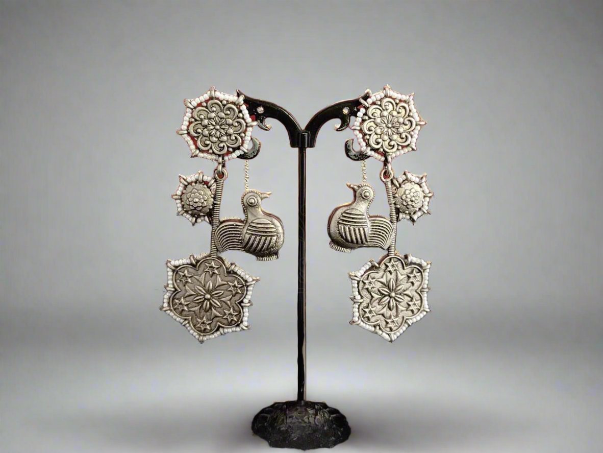 Nature-Inspired Beauty: Finely Crafted Oxidized Silver Earrings with Bird Motifs and Beads. - swadeshsouq.com