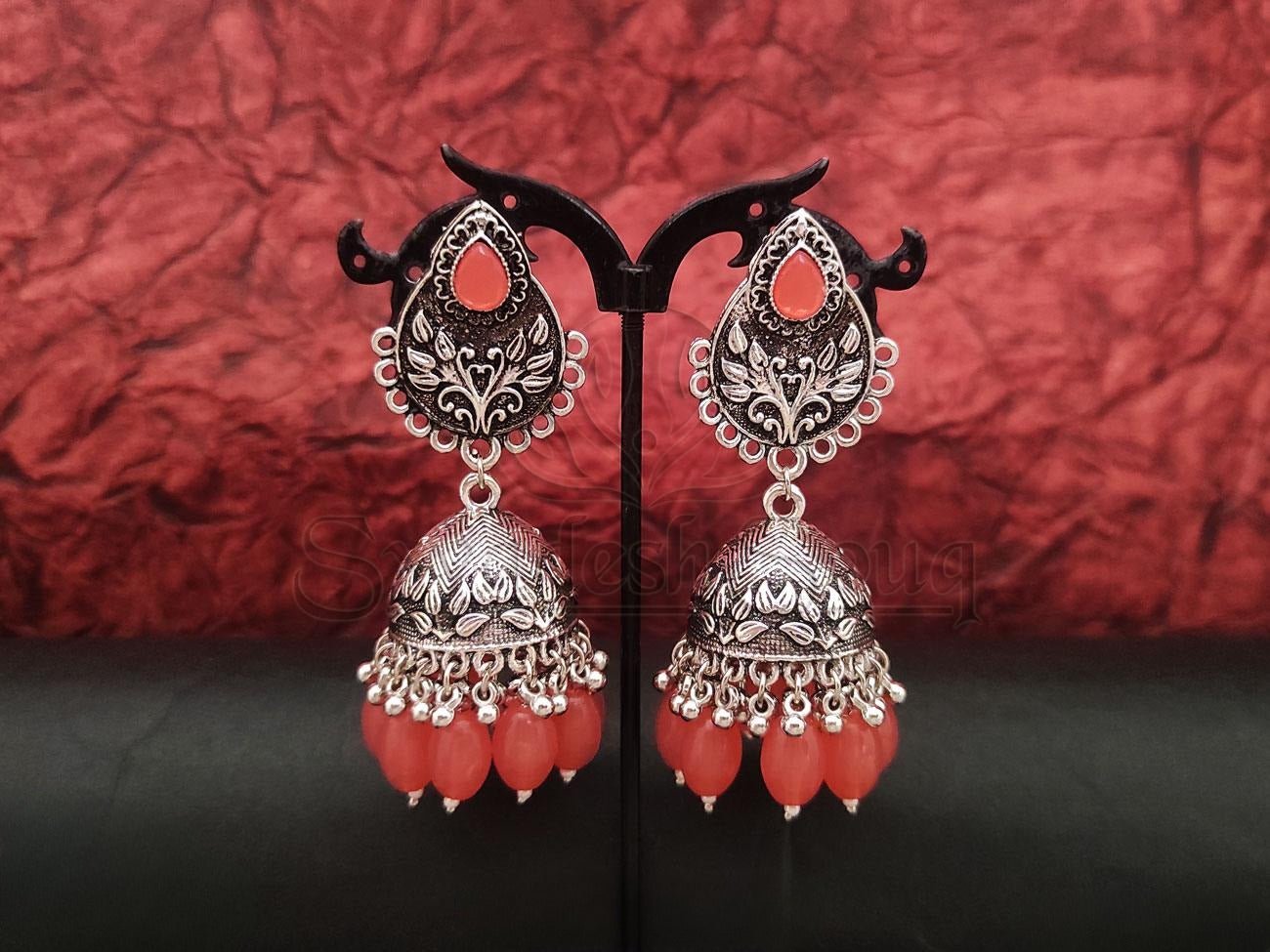 Neon peach Beaded Jhumka Earrings In Oxidised Silver. - swadeshsouq.com