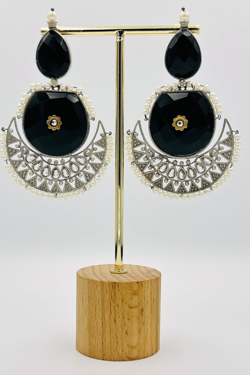 Nocturnal Chic: Black Crystal Crescent Earrings - swadeshsouq.com