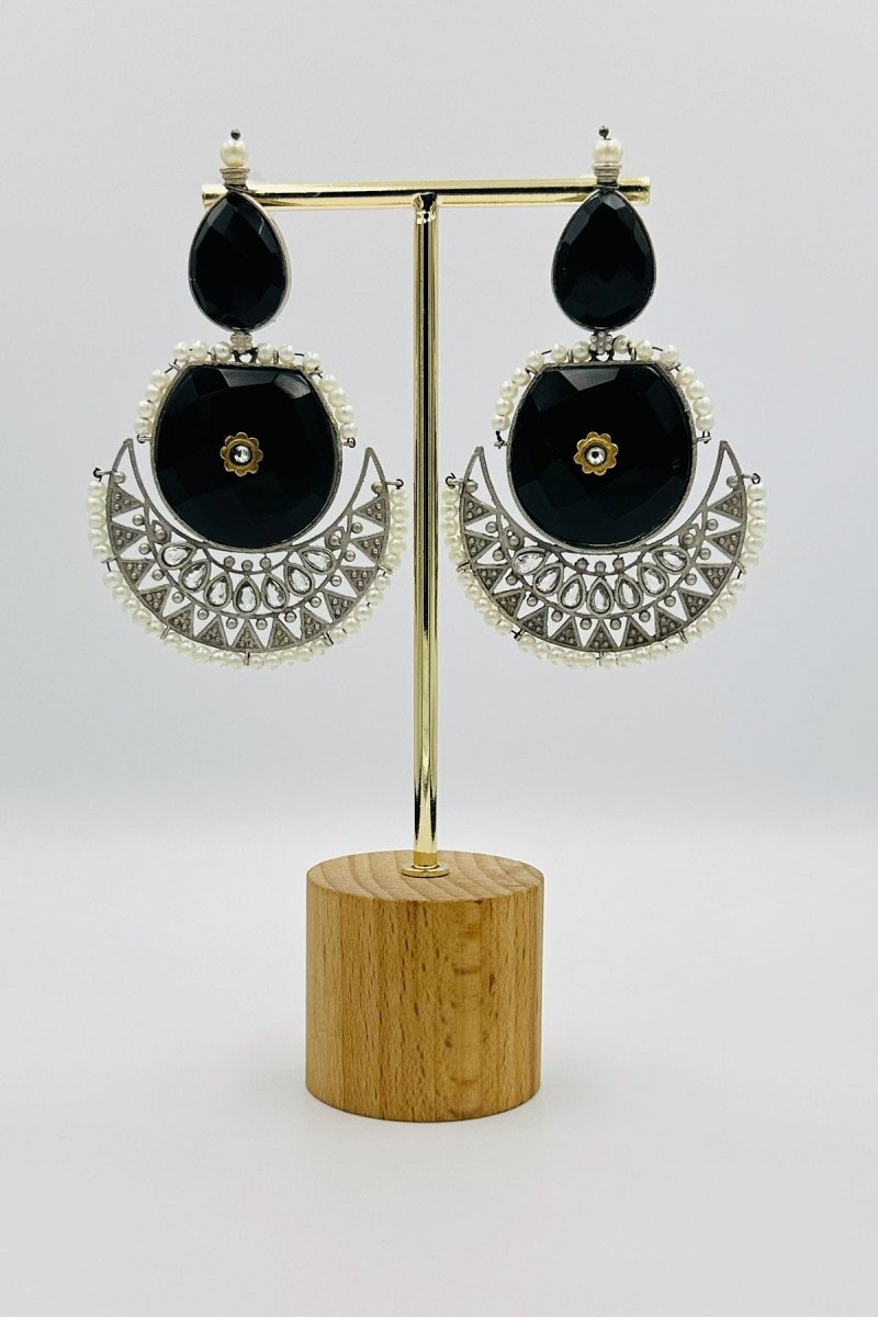 Nocturnal Chic: Black Crystal Crescent Earrings - swadeshsouq.com