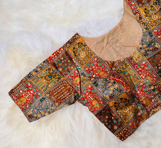 old and Beautiful: Embrace Your Ethnic Style with the Mustard Yellow and Red Full Patola High Neck Blouse - swadeshsouq.com