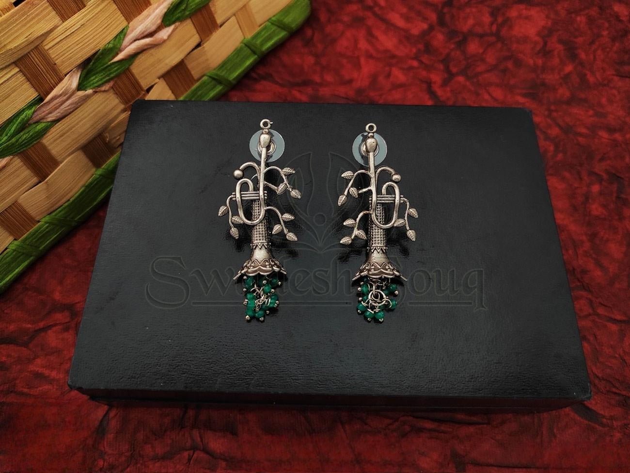 Organic Beauty Oxidized Silver Earrings with Leaf Patterns and Beads - swadeshsouq.com