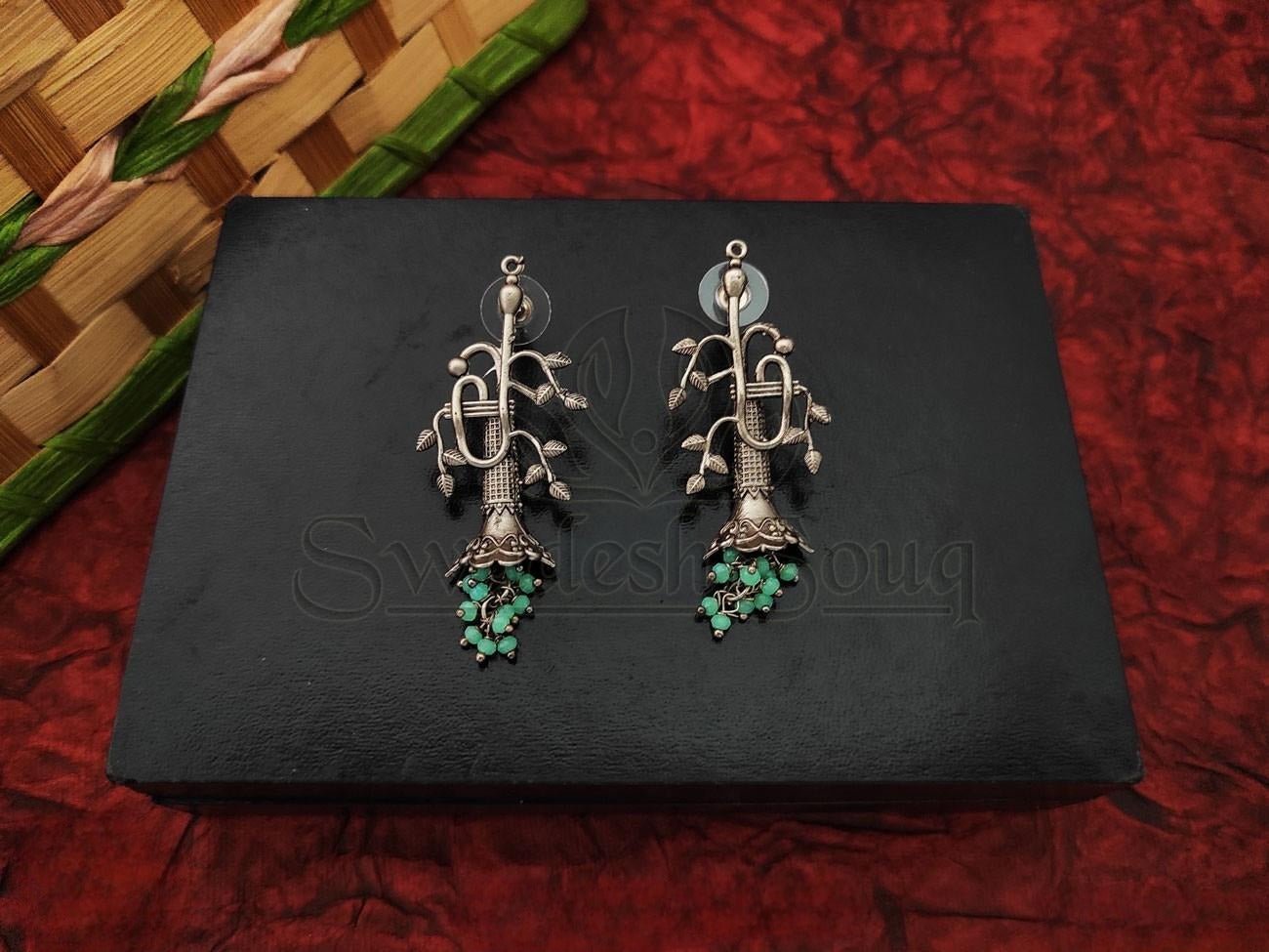 Organic Beauty Oxidized Silver Earrings with Leaf Patterns and Beads - swadeshsouq.com