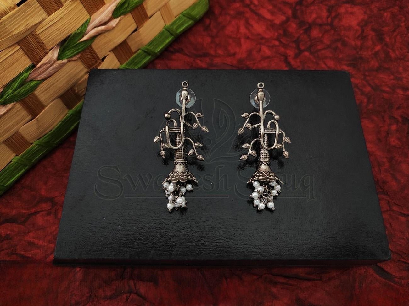 Organic Beauty Oxidized Silver Earrings with Leaf Patterns and Beads - swadeshsouq.com