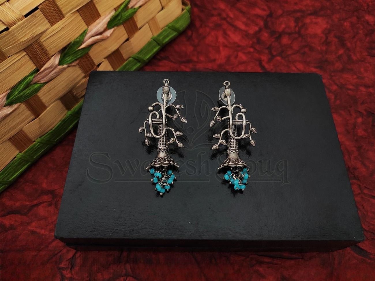 Organic Beauty Oxidized Silver Earrings with Leaf Patterns and Beads - swadeshsouq.com