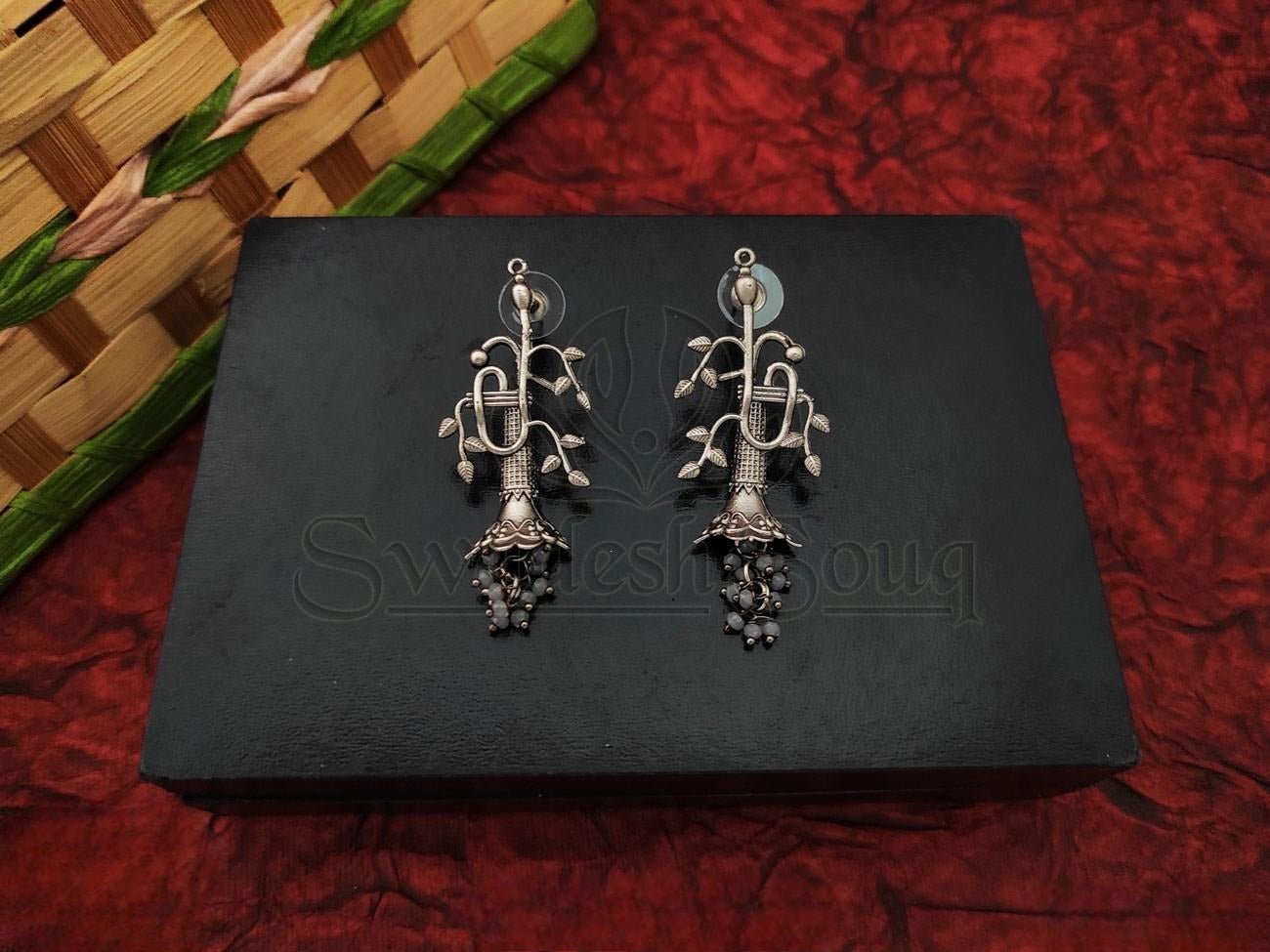 Organic Beauty Oxidized Silver Earrings with Leaf Patterns and Beads - swadeshsouq.com