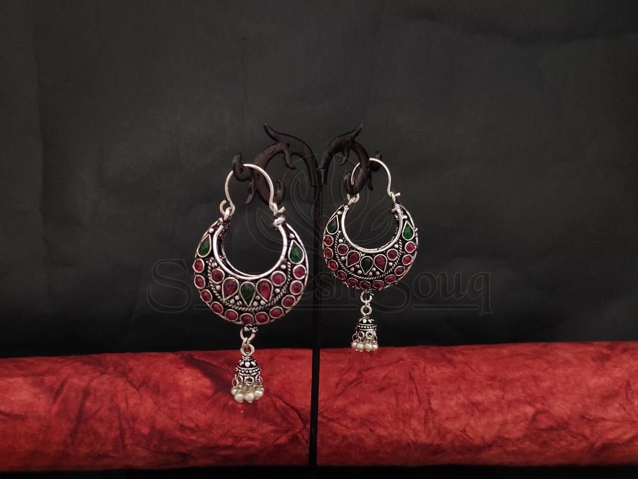 Oxidised Silver Chandbali Earrings Embossed with Rubies and Emeralds. - swadeshsouq.com