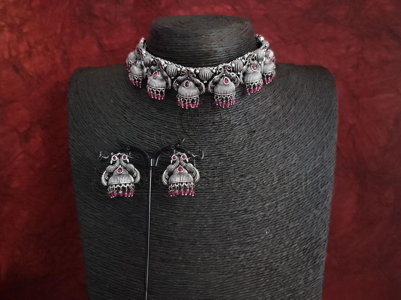 Oxidised Silver Choker Set with Peacock Design and Ruby Red Bead Embellishments. - swadeshsouq.com