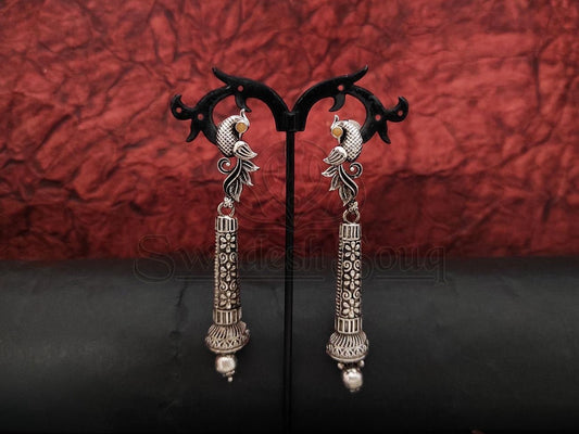 Oxidised Silver Danglers with Exquisite Peacock and Floral Motifs: A Delicate and Timeless Beauty. - swadeshsouq.com