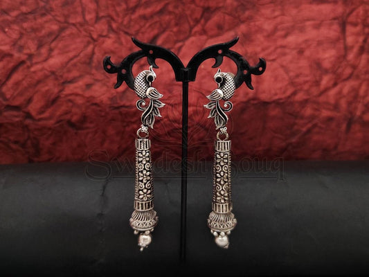 Oxidised Silver Danglers with Exquisite Peacock and Floral Motifs: A Delicate and Timeless Beauty. - swadeshsouq.com