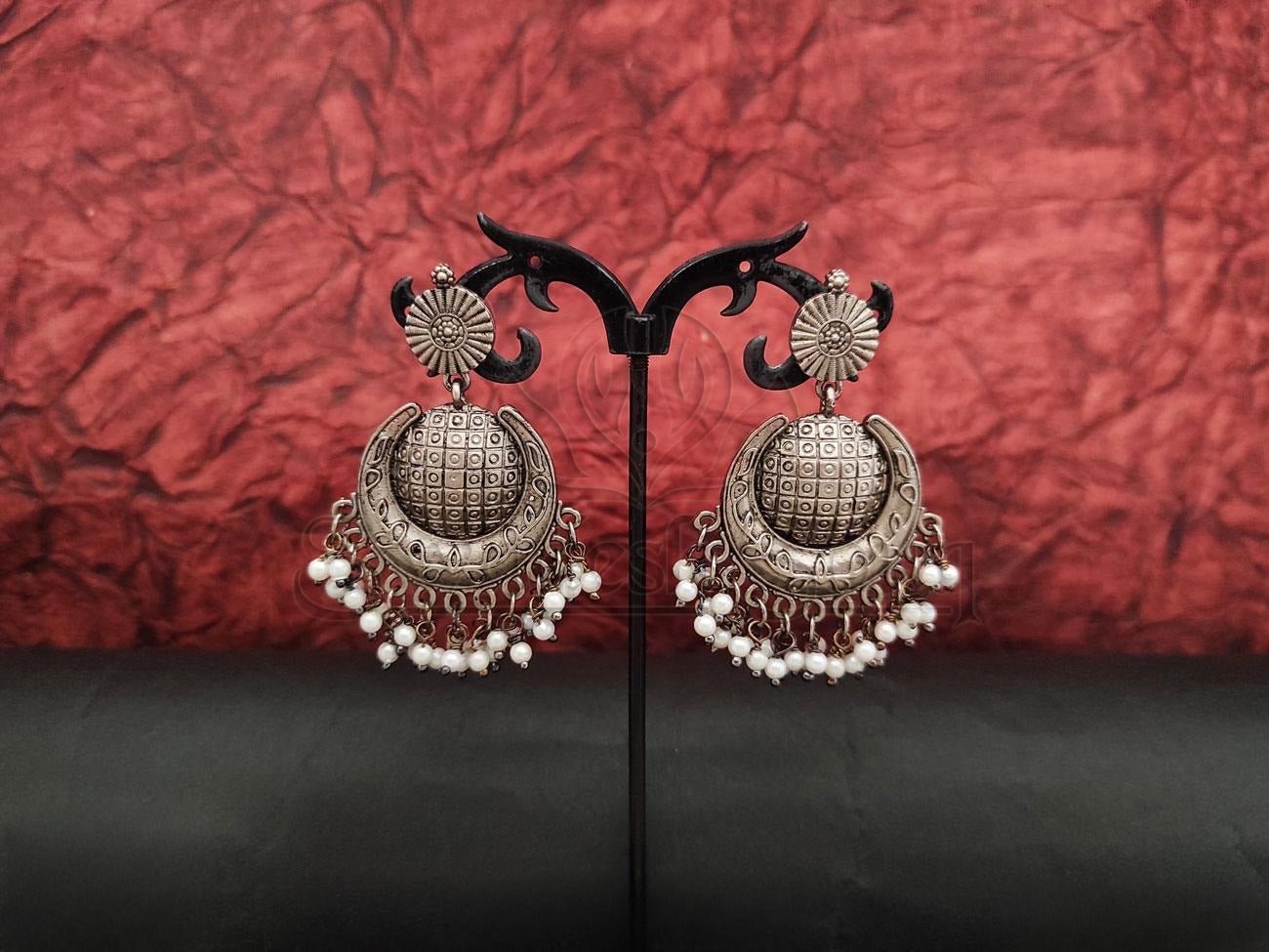 Oxidised Silver Earrings with Pearl Embellishment. - swadeshsouq.com