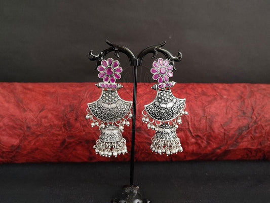 Oxidised Silver Earrings with Radiant Rubies. - swadeshsouq.com