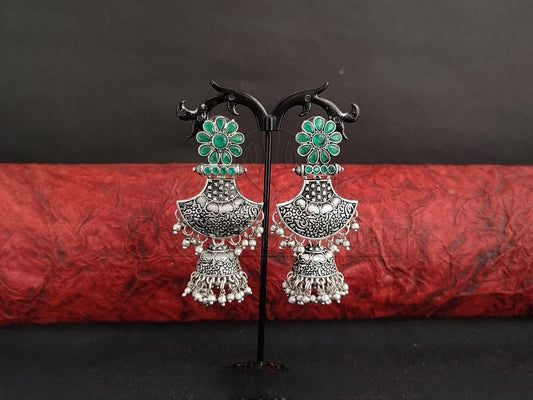 Oxidised Silver Earrings with Vibrant Emeralds. - swadeshsouq.com